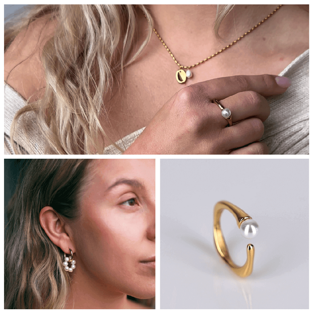 Kullatut vedenkestävät helmikorusetti johon kuuluu kaulakoru, sormus ja korvakorut-