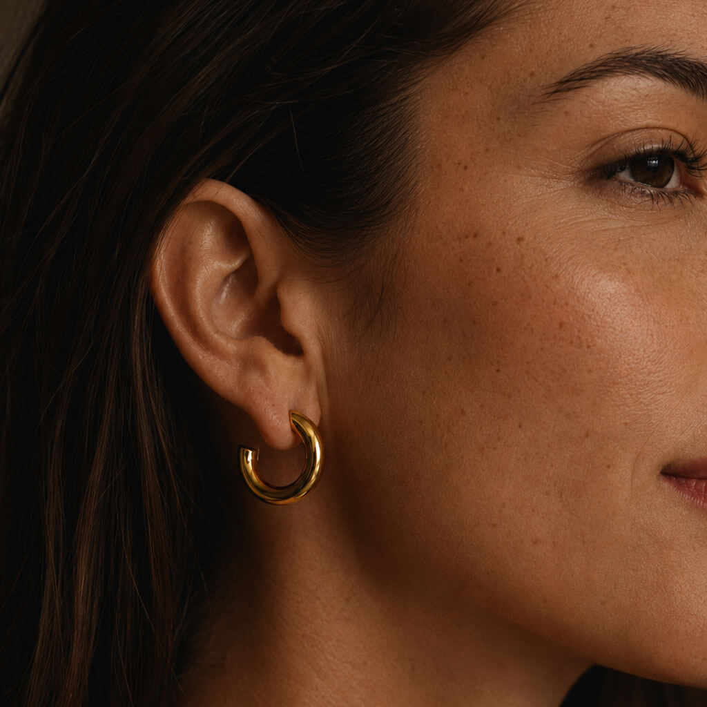 Close-up side profile of a woman wearing gold hoop earrings made from stainless steel with 18K PVD gold plating, shown in warm soft lighting against a dark neutral background.